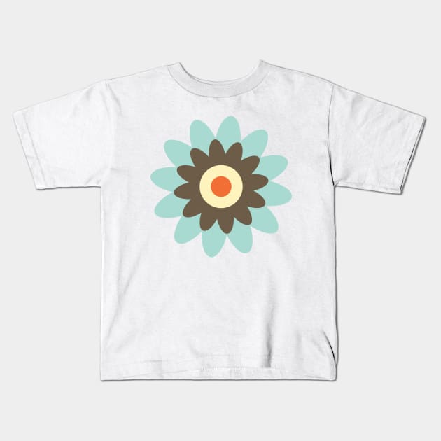 Retro Flower in Light Blue, Brown, Orange and Cream Kids T-Shirt by tramasdesign